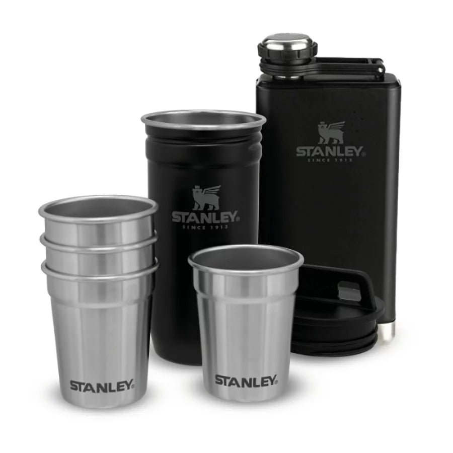 Matte black stainless steel flask with 4 durable shot glasses in a travel case